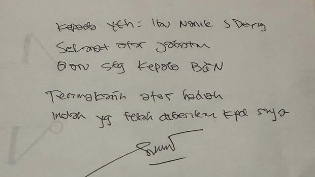 Tulisan tangan pada secarik kertas berisi ccapan mantan Wakil Kepala Badan Gizi Nasional (BGN), Irjen Pol (Purn) Sony Sonjaya, kepada Nanik S Deyang yang kini jadi Kepala BGN. (Tangkapan layar instagram @sonysonjayabd)