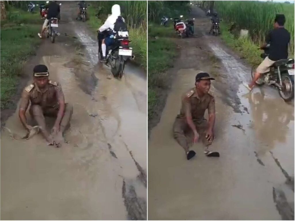 Viral Kades Sragen “Mandi” di Kubangan Jalan Rusak, Protes Halus Jalan Tak Kunjung Diperbaiki
