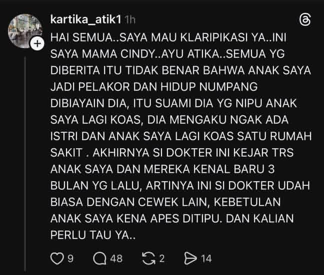 Screenshot : Viral beredar postingan diduga ibunya TikTokers Cindy Rizap ngamuk karena tak terima anaknya dituduh pelakor. Kini ancam bakal labrak Maissy. (kolase Instagram)