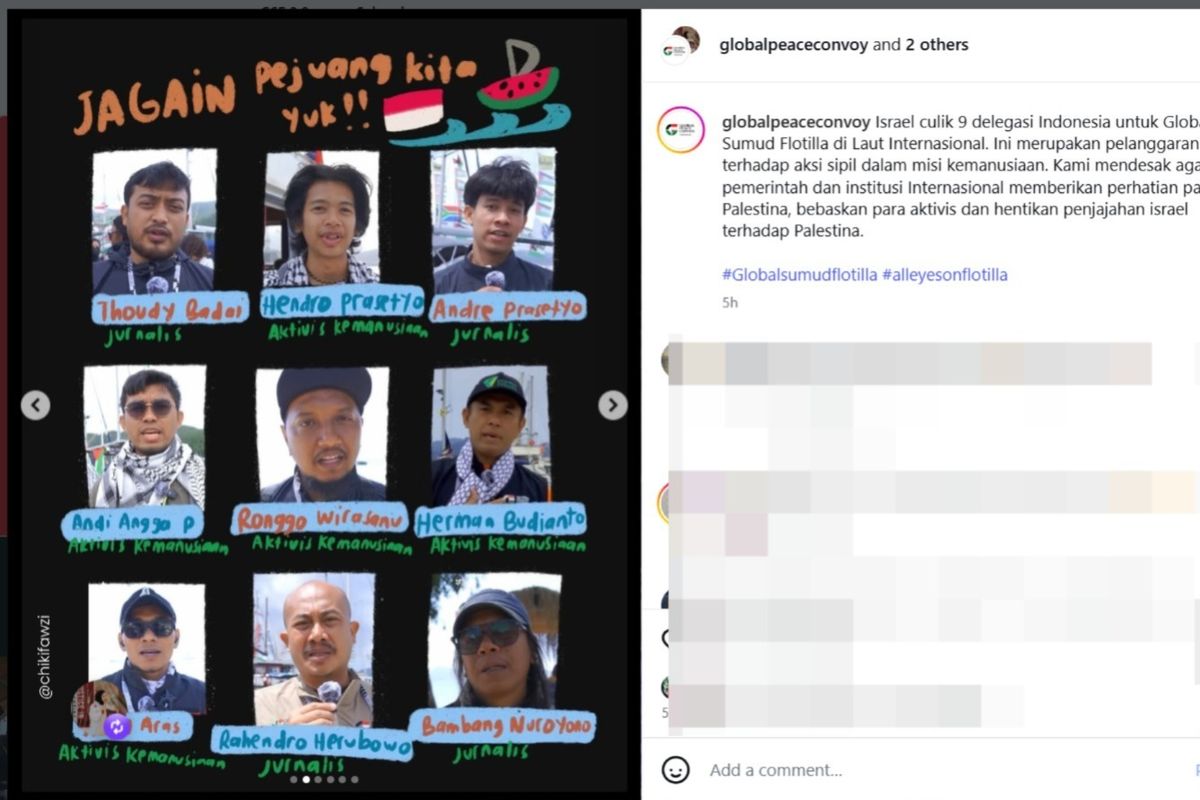 9 Relawan Global Sumud Flotilla asal Indonesia yang ditangkap oleh tentara Israel, Rabu (20/5/2026).(Dok. Global Peace Convoy Indonesia)