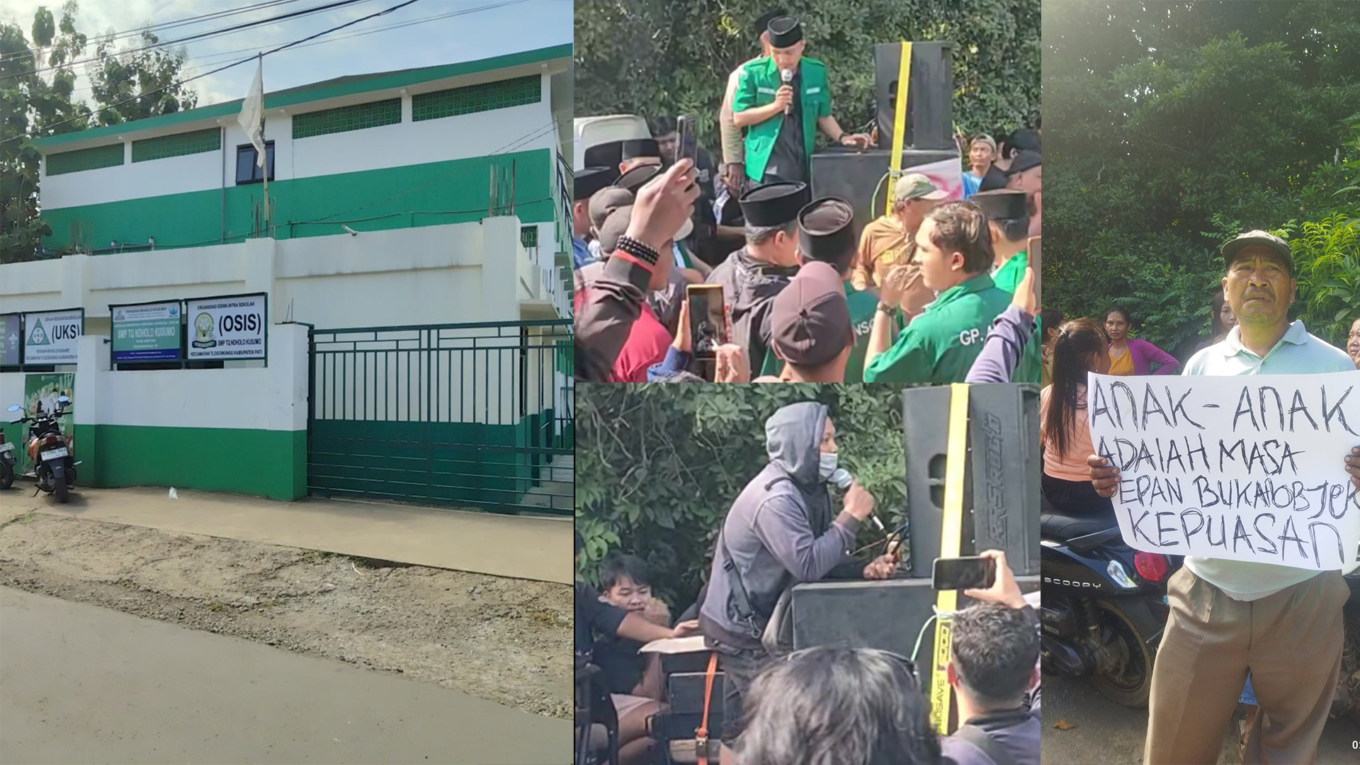 Dok. Foto (Patinews) : Ribuan massa yang tergabung dalam GP Ansor, Pihak Keluarga korban, serta Aliansi Santri Pati untuk Demokrasi (Aspirasi), dan ratusan warga Desa Tlogosari, Kecamatan Tlogowungu, menggelar aksi demonstrasi di depan Pondok Pesantren Ndolo Kusumo, Sabtu (2/5)
