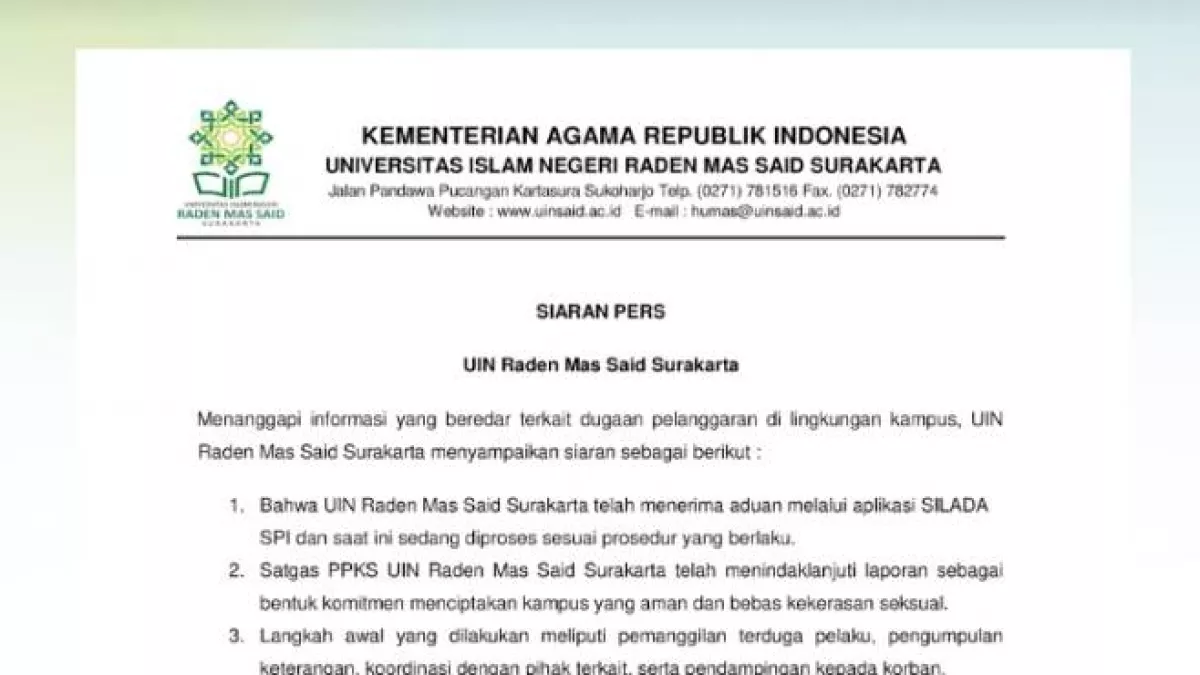 Satgas PPKS UIN Raden Mas Said Surakarta memberikan perlindungan dan pendampingan korban terkait kasus pelecehan seksual melibatkan dosen dan mahasiswa. (Foto: Instagram @uin.surakarta)