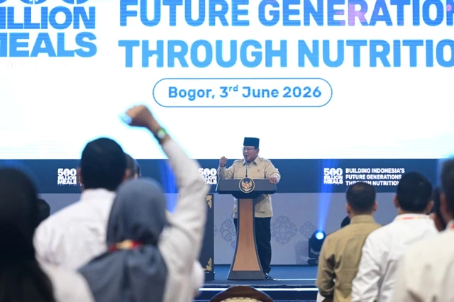 Presiden Prabowo Subianto dalam acara Building Indonesia's Future Generations Through Nutrition di Sentul International Convention Center (SICC), Kabupaten Bogor, Jawa Barat, Rabu (3/6). Foto: Kris - Biro Pers Sekretariat Presiden